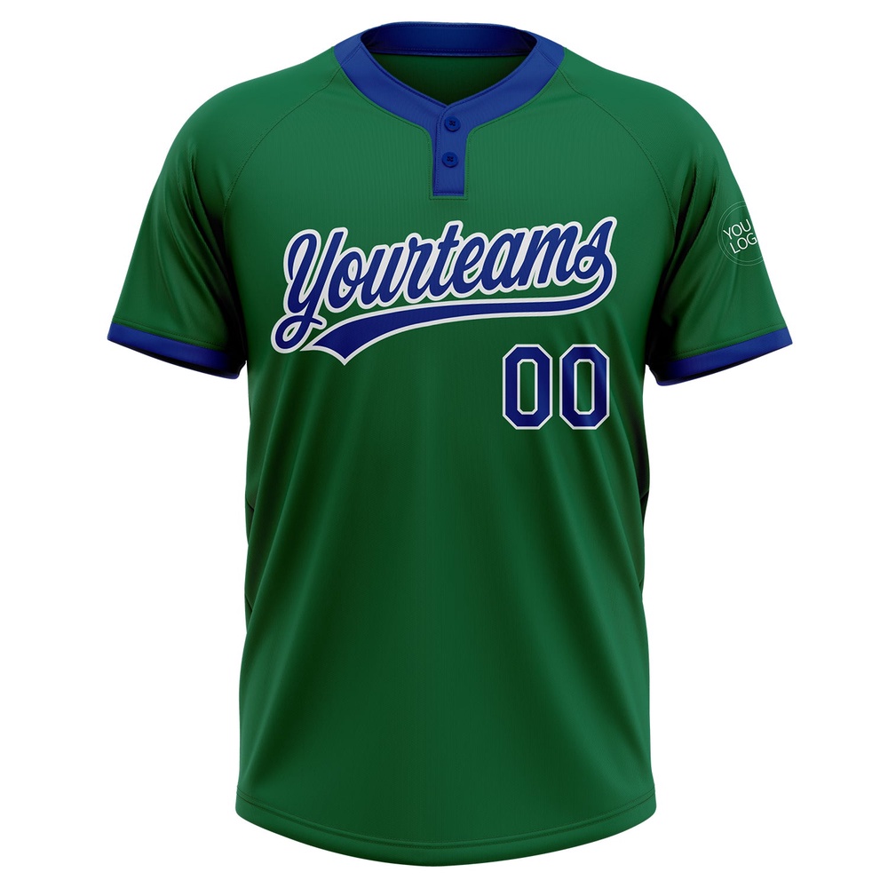 Kelly Green Royal White Two Button Unisex Softball Jersey, Custom Team Softball Jersey Kelly Green Royal White Two Button Unisex Softball Jersey, Custom Team Softball Jersey
