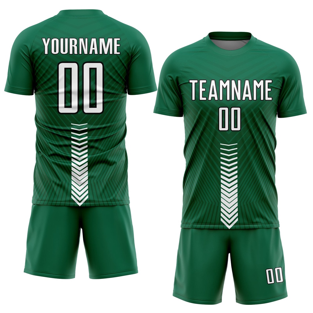Kelly Green White Black Arrow Shapes Sublimation Soccer Uniform Jersey, Custom Team Soccer Jersey Shirt