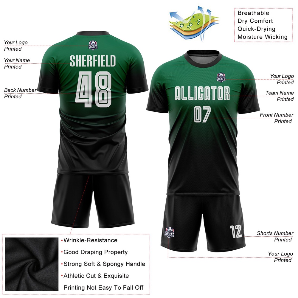 Kelly Green White Black Sublimation Fade Fashion Soccer Uniform Jersey, Custom Team Soccer Jersey Shirt