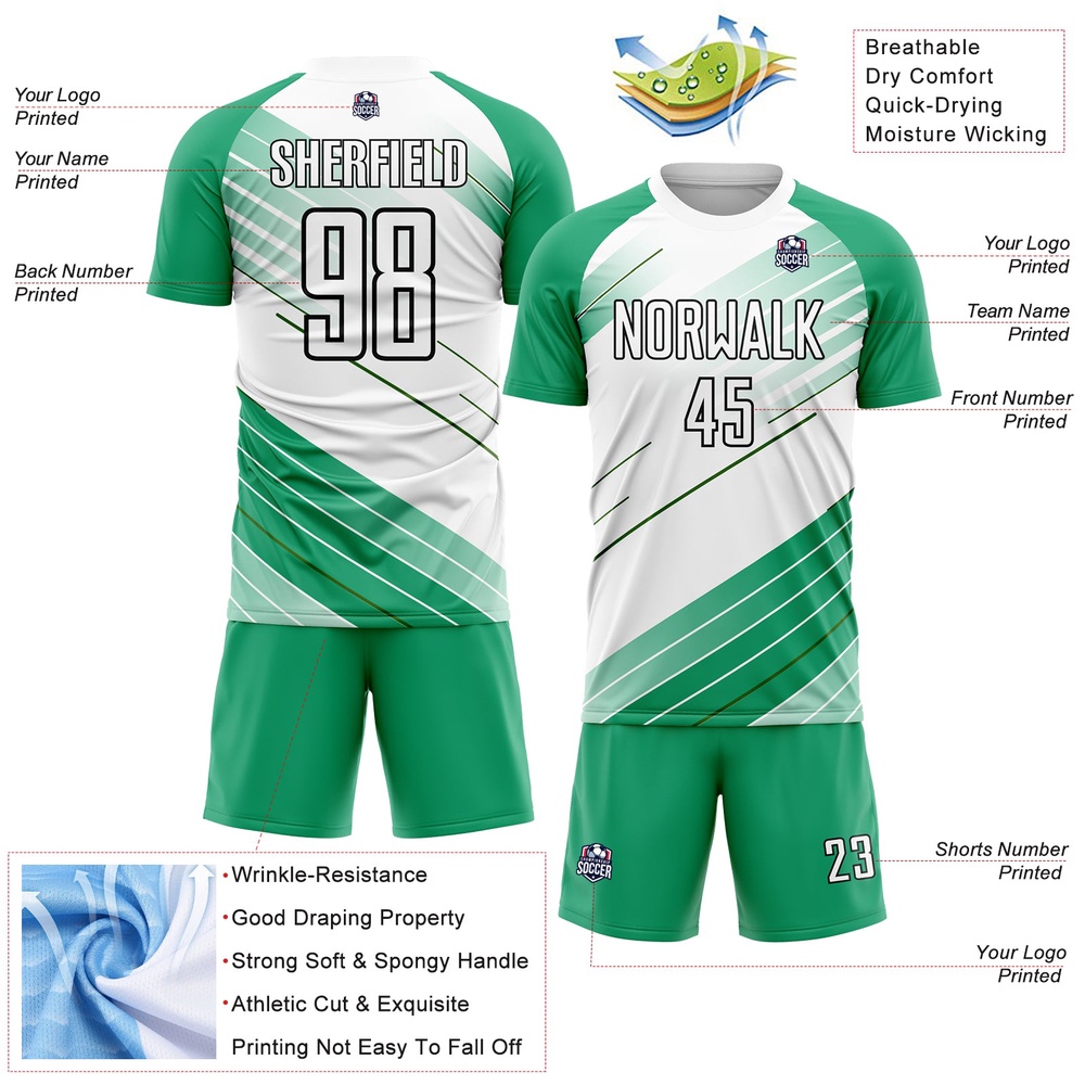Kelly Green White Black Sublimation Soccer Uniform Jersey, Custom Team Soccer Jersey Shirt