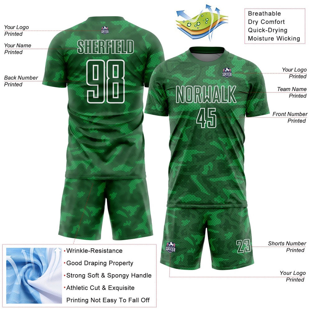 Kelly Green White Geometric Shapes Sublimation Soccer Uniform Jersey, Custom Team Soccer Jersey Shirt Kelly Green White Geometric Shapes Sublimation Soccer Uniform Jersey, Custom Team Soccer Jersey Shirt