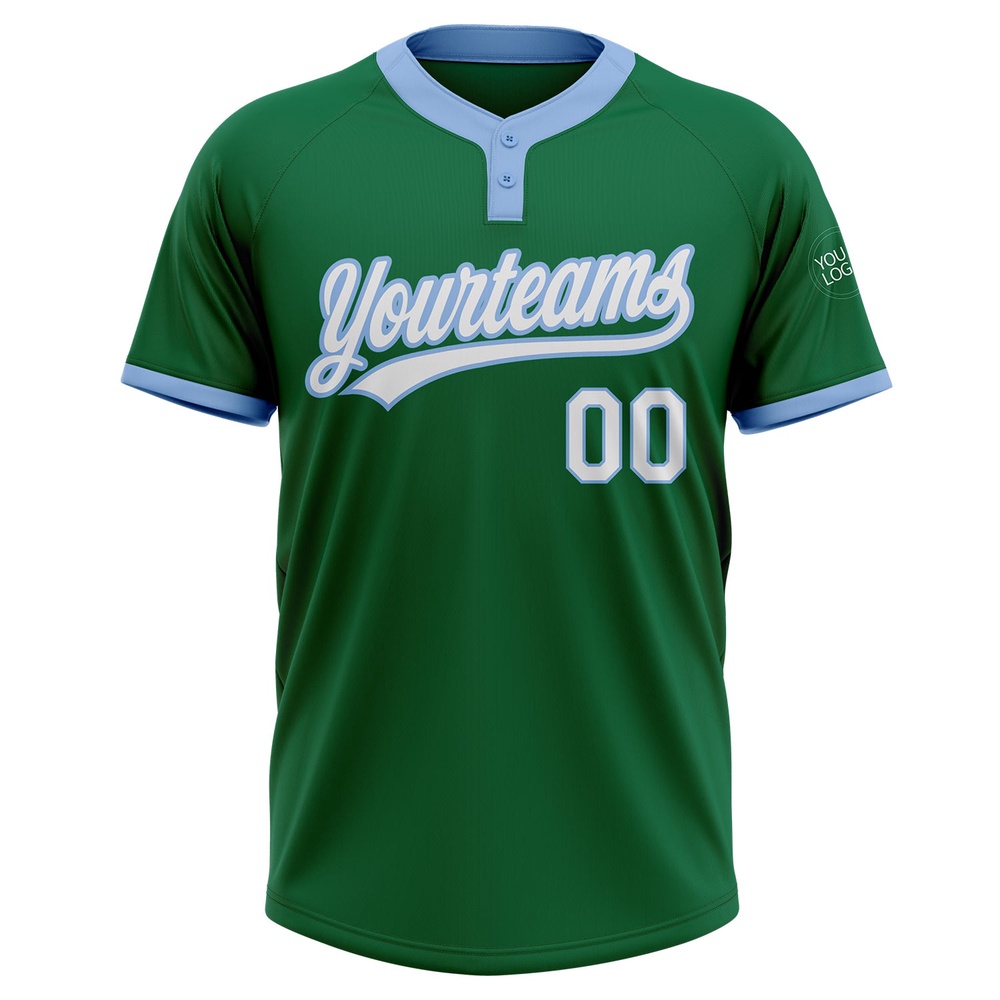 Kelly Green White Light Blue Two Button Unisex Softball Jersey, Custom Team Softball Jersey Kelly Green White Light Blue Two Button Unisex Softball Jersey, Custom Team Softball Jersey