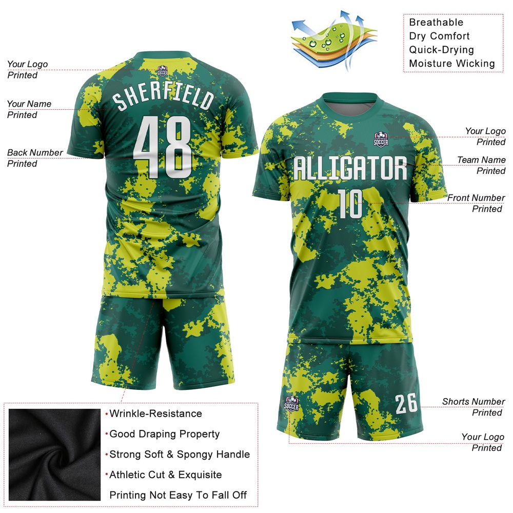 Kelly Green White Neon Green Sublimation Soccer Uniform Jersey, Custom Team Soccer Jersey Shirt