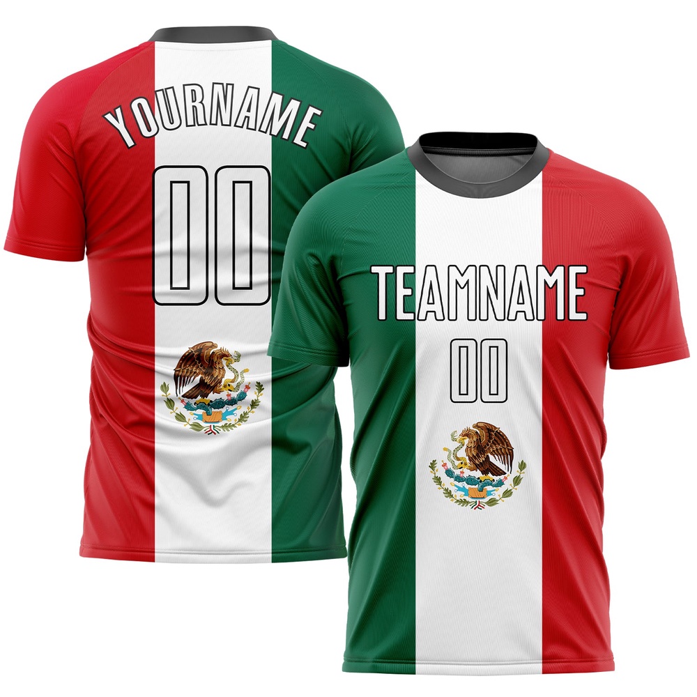 Kelly Green White Red Black Sublimation Mexican Flag Soccer Uniform Jersey, Custom Team Soccer Jersey Shirt