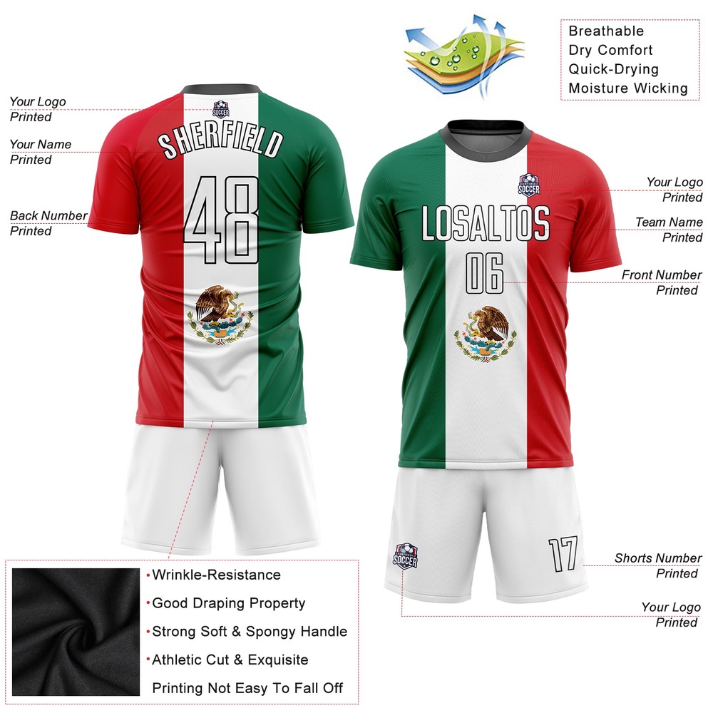 Kelly Green White Red Black Sublimation Mexican Flag Soccer Uniform Jersey, Custom Team Soccer Jersey Shirt