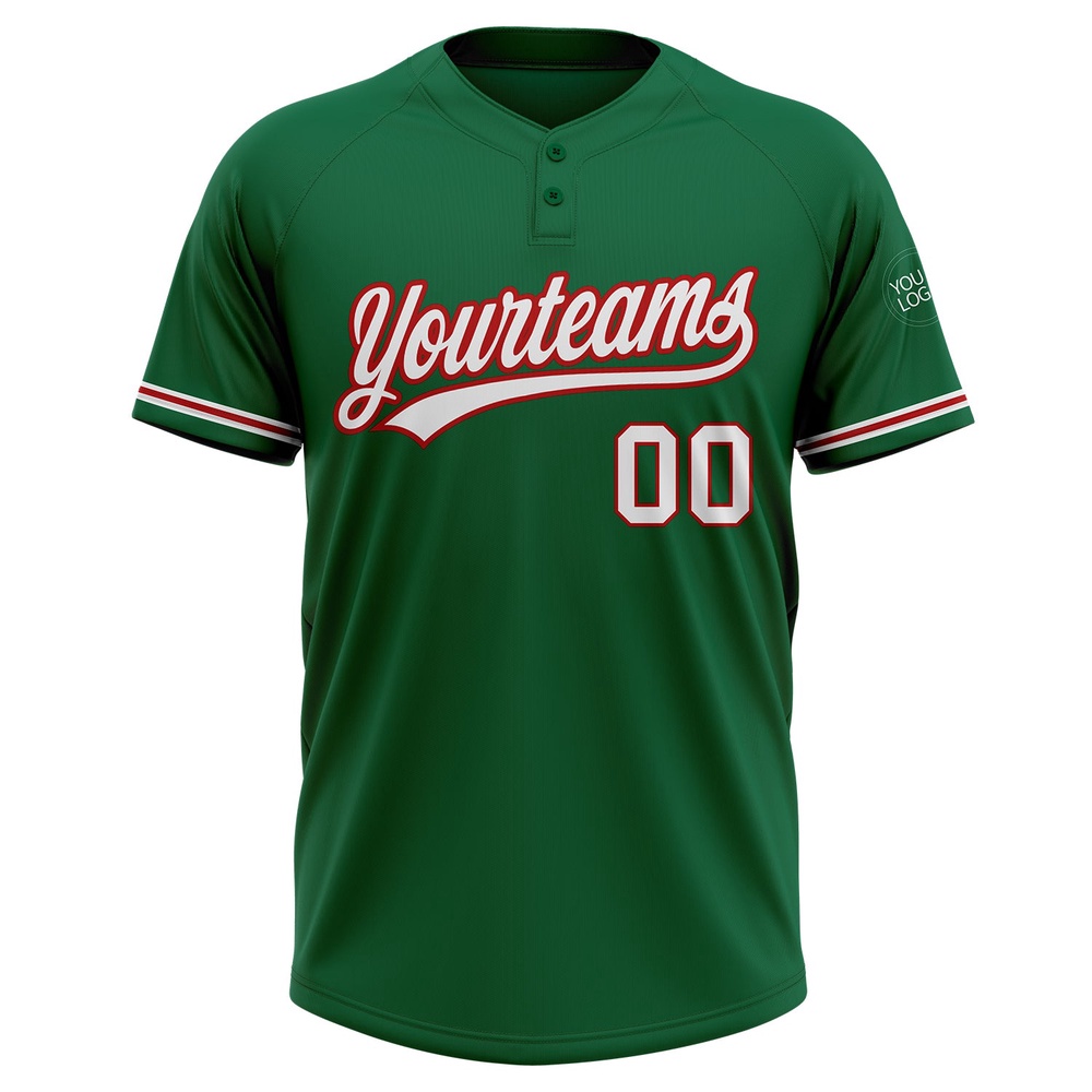 Kelly Green White Red Two Button Unisex Softball Jersey, Custom Team Softball Jersey Kelly Green White Red Two Button Unisex Softball Jersey, Custom Team Softball Jersey