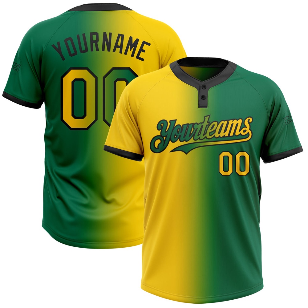 Kelly Green Yellow Black Gradient Fashion Two Button Unisex Softball Jersey, Custom Team Softball Jersey