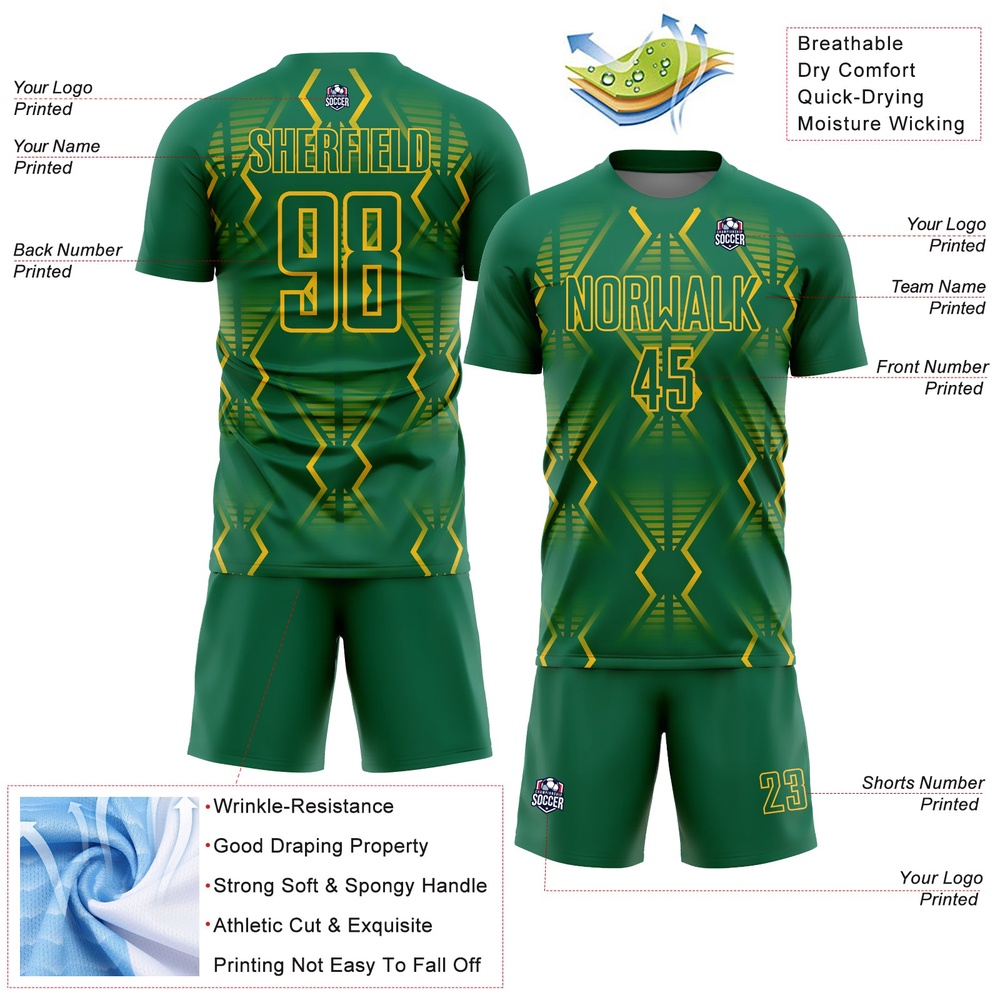Kelly Green Yellow Geometric Shapes Sublimation Soccer Uniform Jersey, Custom Team Soccer Jersey Shirt Kelly Green Yellow Geometric Shapes Sublimation Soccer Uniform Jersey, Custom Team Soccer Jersey Shirt
