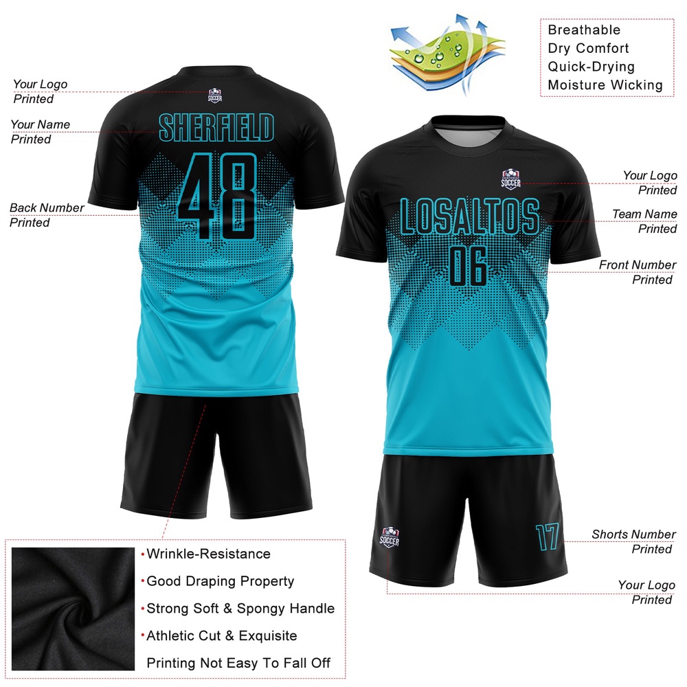 Lakes Blue Black Sublimation Soccer Uniform Jersey, Custom Team Soccer Jersey Shirt Lakes Blue Black Sublimation Soccer Uniform Jersey, Custom Team Soccer Jersey Shirt