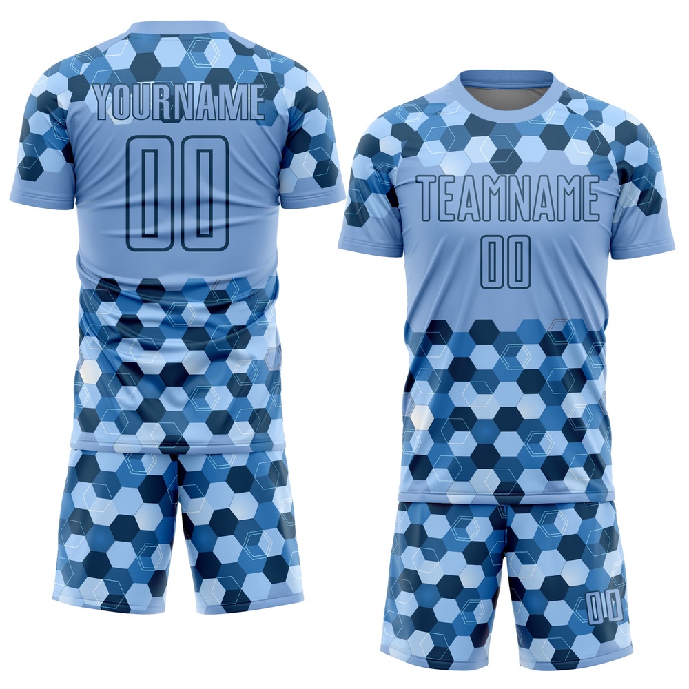 Light Blue Black Geometric Shapes Sublimation Soccer Uniform Jersey, Custom Team Soccer Jersey Shirt