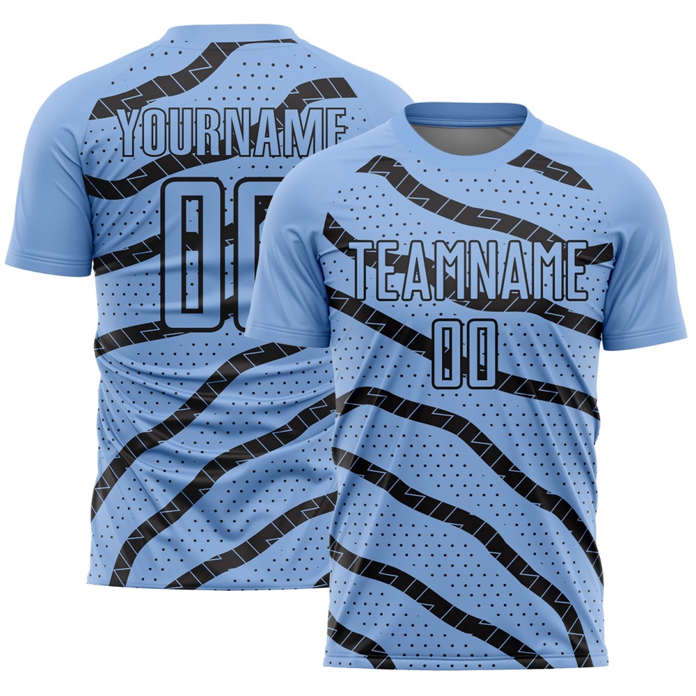 Light Blue Black Lines And Dots Sublimation Soccer Uniform Jersey, Custom Team Soccer Jersey Shirt