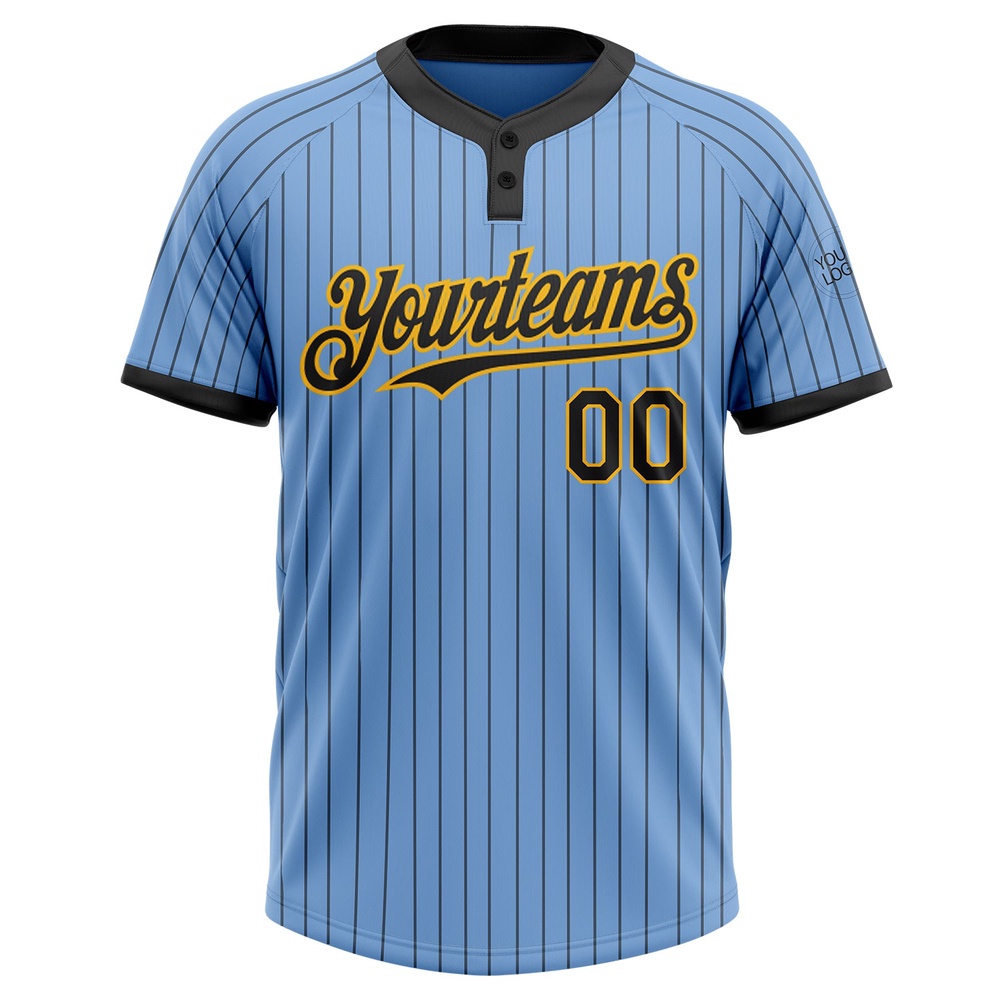 Light Blue Black Pinstripe Gold Two Button Unisex Softball Jersey, Custom Team Softball Jersey