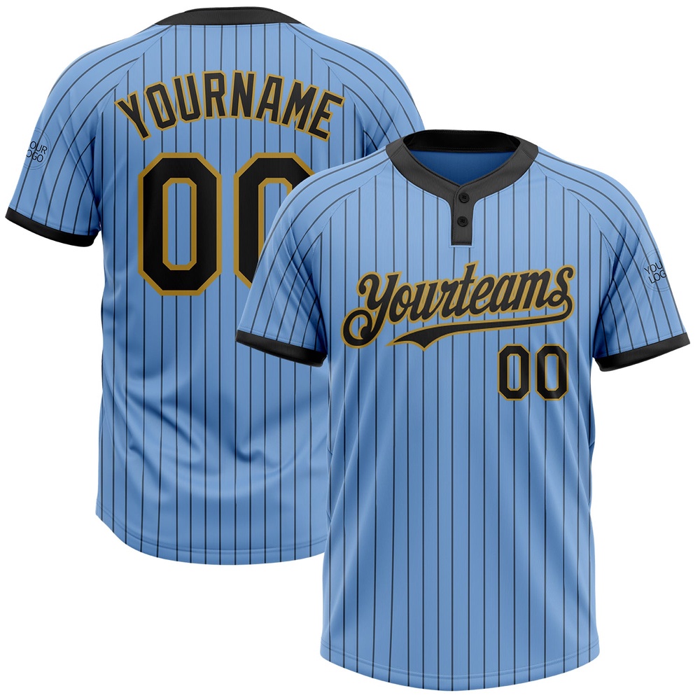 Light Blue Black Pinstripe Old Gold Two Button Unisex Softball Jersey, Custom Team Softball Jersey Light Blue Black Pinstripe Old Gold Two Button Unisex Softball Jersey, Custom Team Softball Jersey