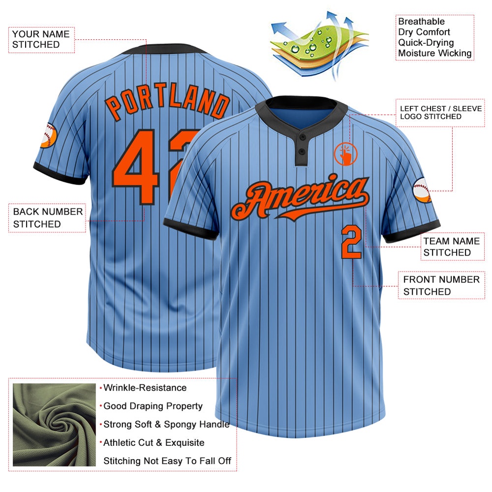 Light Blue Black Pinstripe Orange Two Button Unisex Softball Jersey, Custom Team Softball Jersey Light Blue Black Pinstripe Orange Two Button Unisex Softball Jersey, Custom Team Softball Jersey