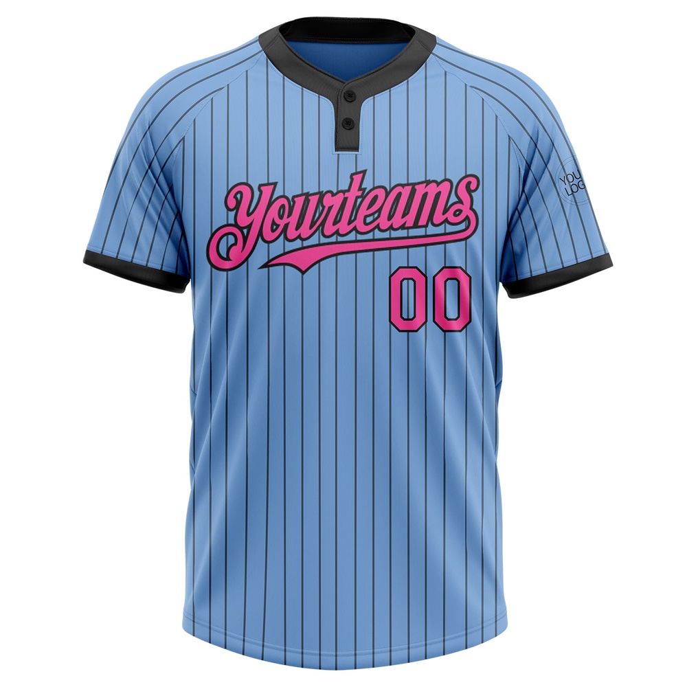 Light Blue Black Pinstripe Pink Two Button Unisex Softball Jersey, Custom Team Softball Jersey Light Blue Black Pinstripe Pink Two Button Unisex Softball Jersey, Custom Team Softball Jersey