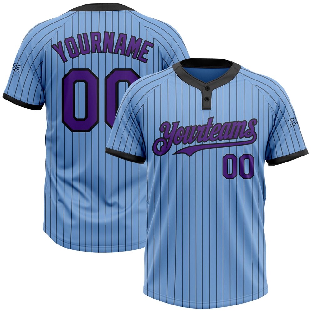 Light Blue Black Pinstripe Purple Two Button Unisex Softball Jersey, Custom Team Softball Jersey Light Blue Black Pinstripe Purple Two Button Unisex Softball Jersey, Custom Team Softball Jersey