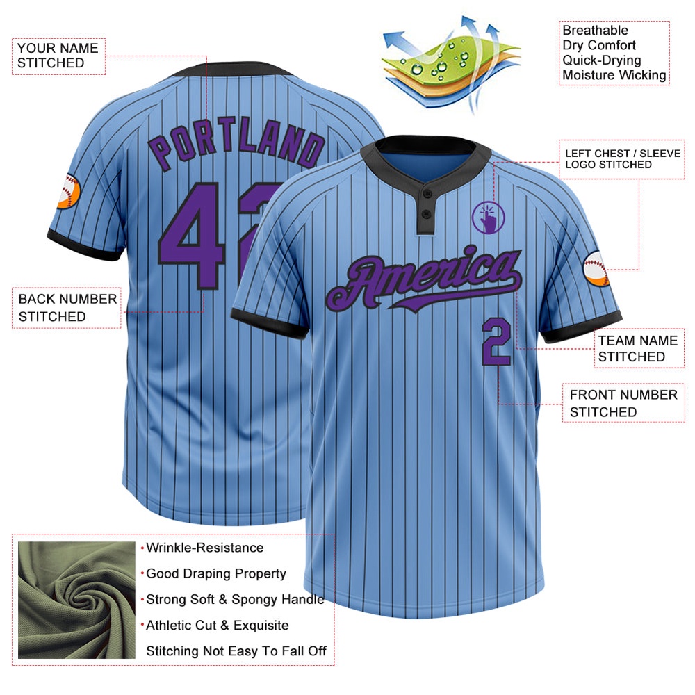 Light Blue Black Pinstripe Purple Two Button Unisex Softball Jersey, Custom Team Softball Jersey Light Blue Black Pinstripe Purple Two Button Unisex Softball Jersey, Custom Team Softball Jersey