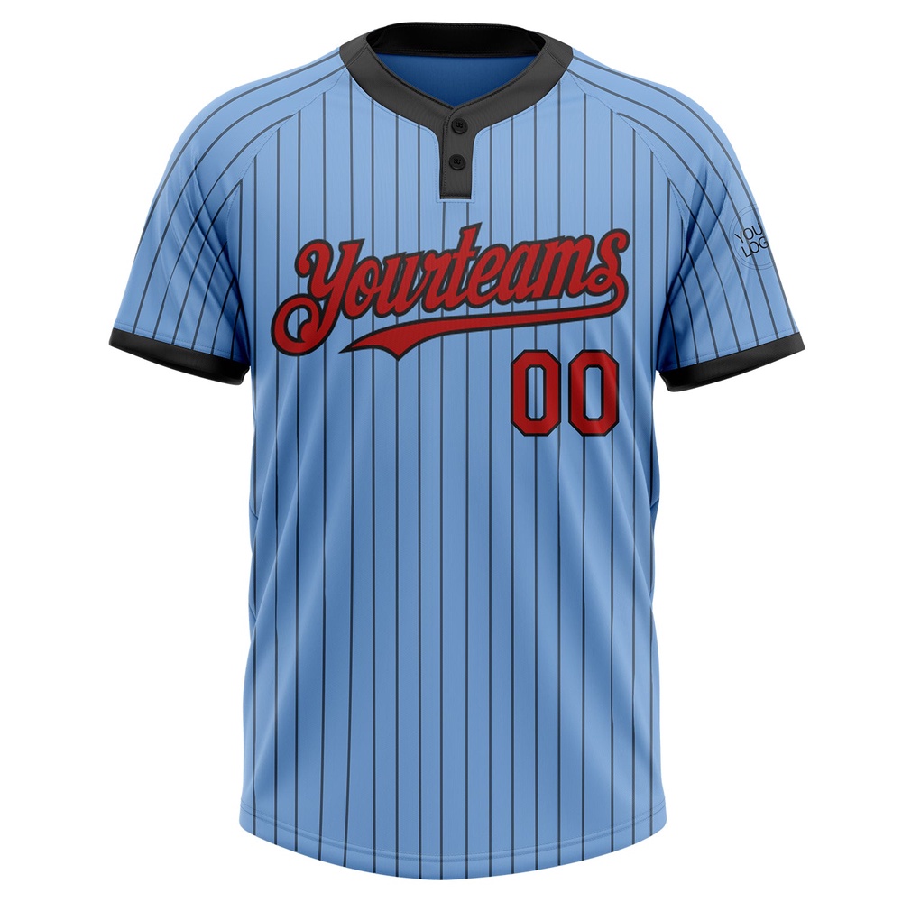 Light Blue Black Pinstripe Red Two Button Unisex Softball Jersey, Custom Team Softball Jersey Light Blue Black Pinstripe Red Two Button Unisex Softball Jersey, Custom Team Softball Jersey