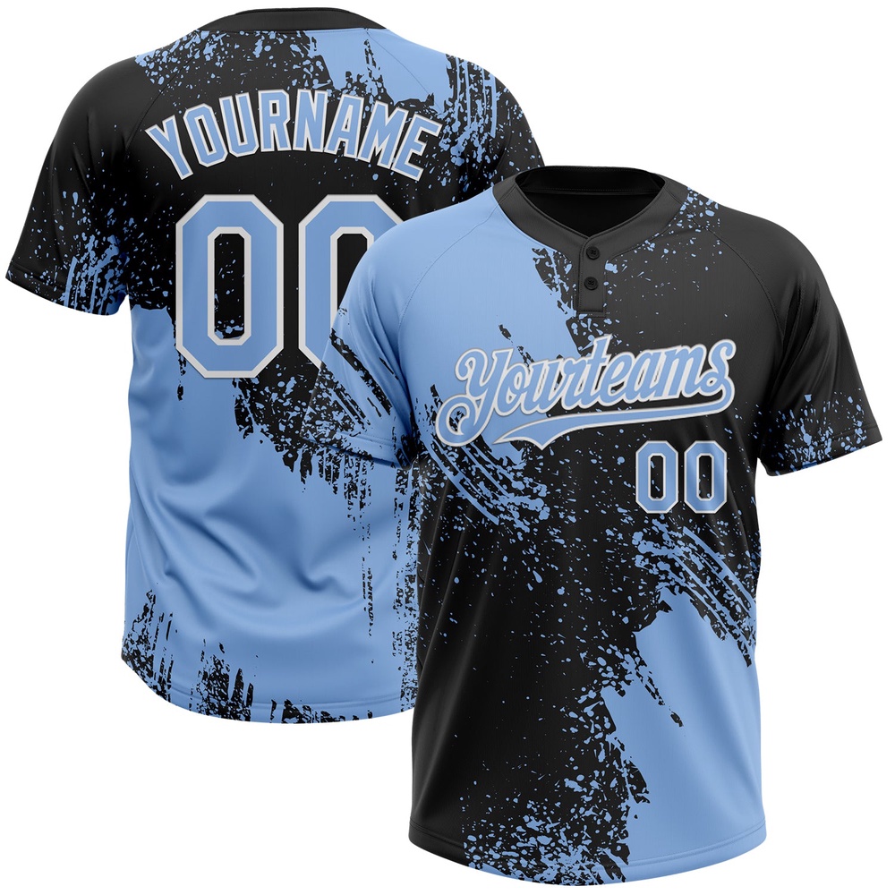 Light Blue Black White 3D Pattern Abstract Brush Stroke Two Button Unisex Softball Jersey, Custom Team Softball Jersey Light Blue Black White 3D Pattern Abstract Brush Stroke Two Button Unisex Softball Jersey, Custom Team Softball Jersey