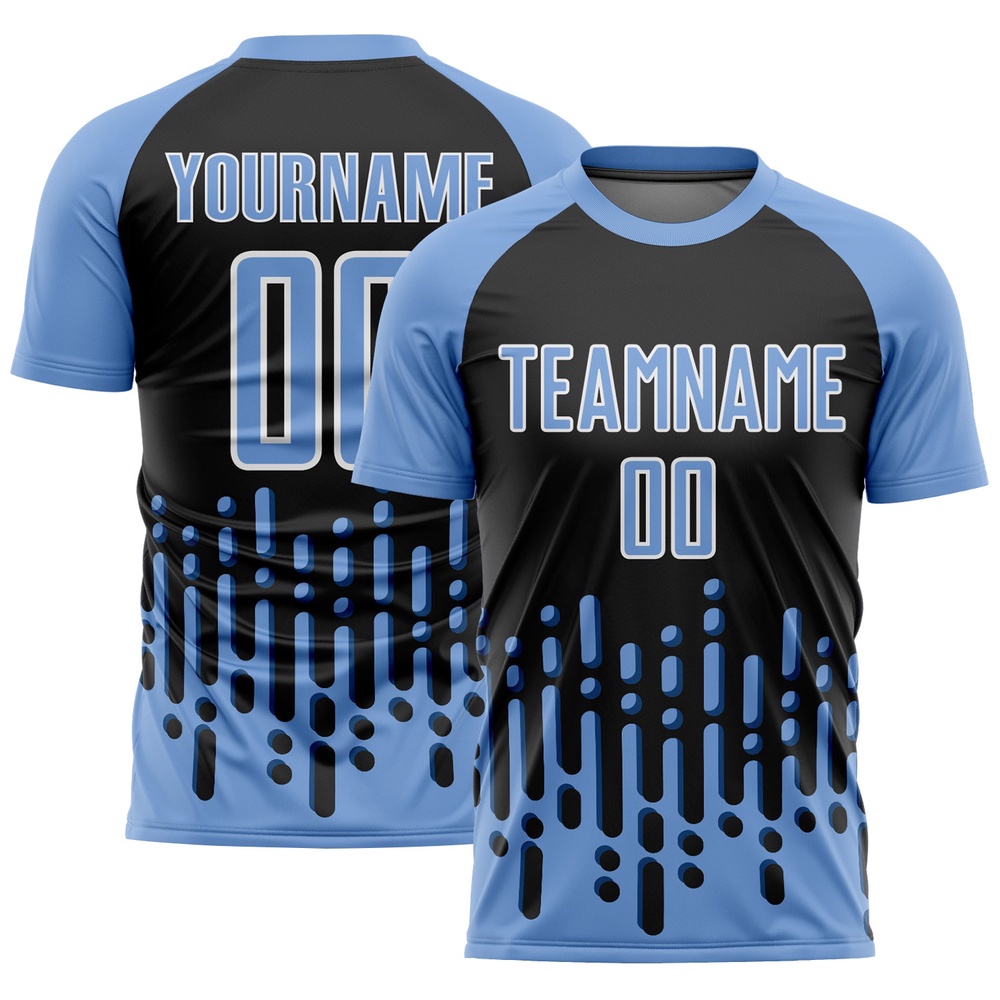Light Blue Black White Abstract Fluid Wave Sublimation Soccer Uniform Jersey, Custom Team Soccer Jersey Shirt