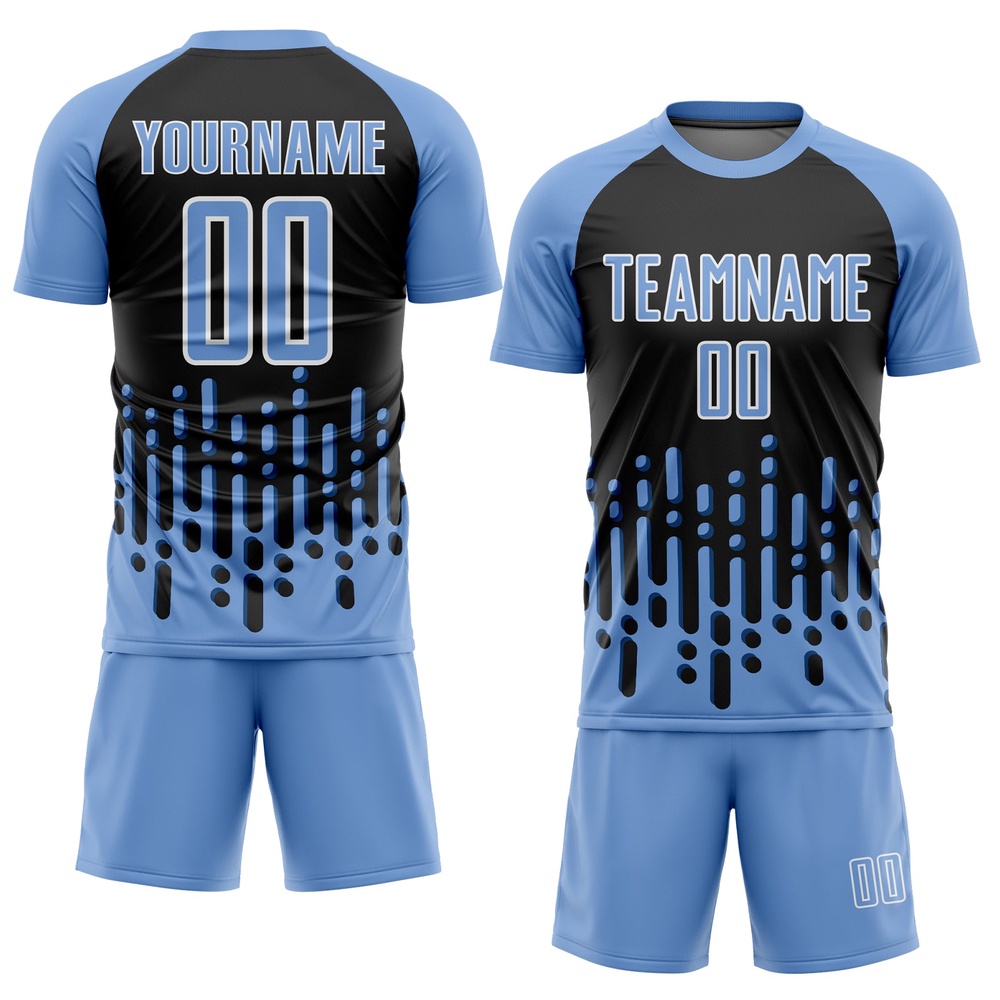 Light Blue Black White Abstract Fluid Wave Sublimation Soccer Uniform Jersey, Custom Team Soccer Jersey Shirt