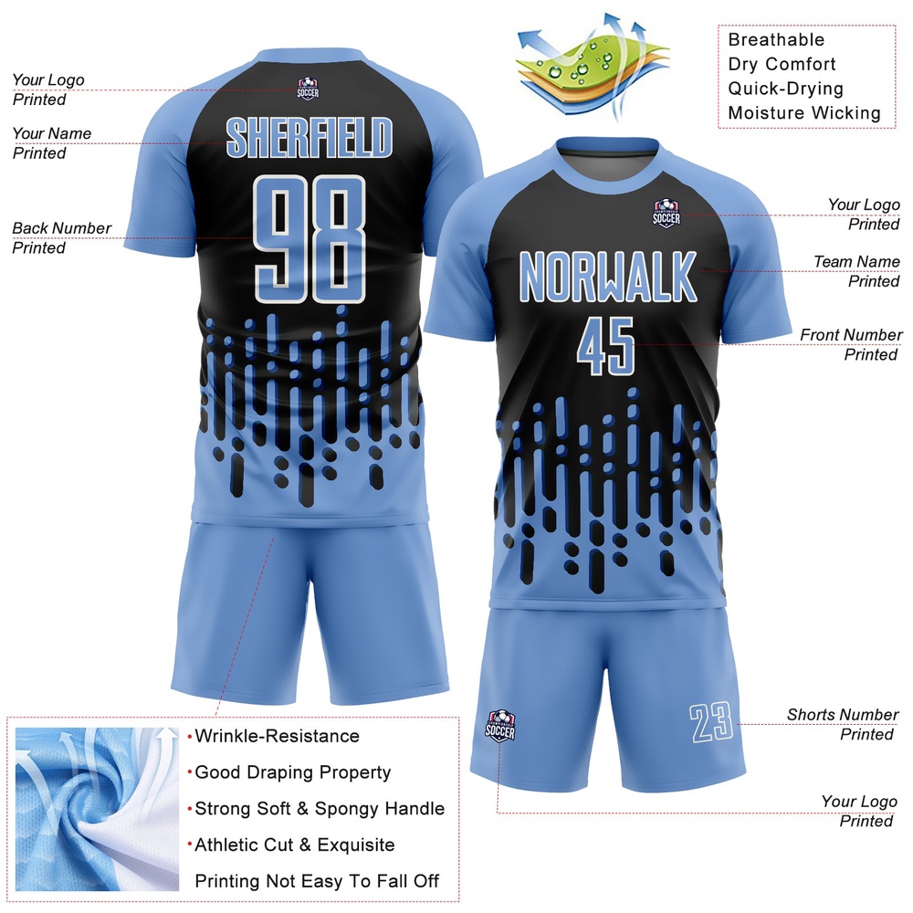 Light Blue Black White Abstract Fluid Wave Sublimation Soccer Uniform Jersey, Custom Team Soccer Jersey Shirt