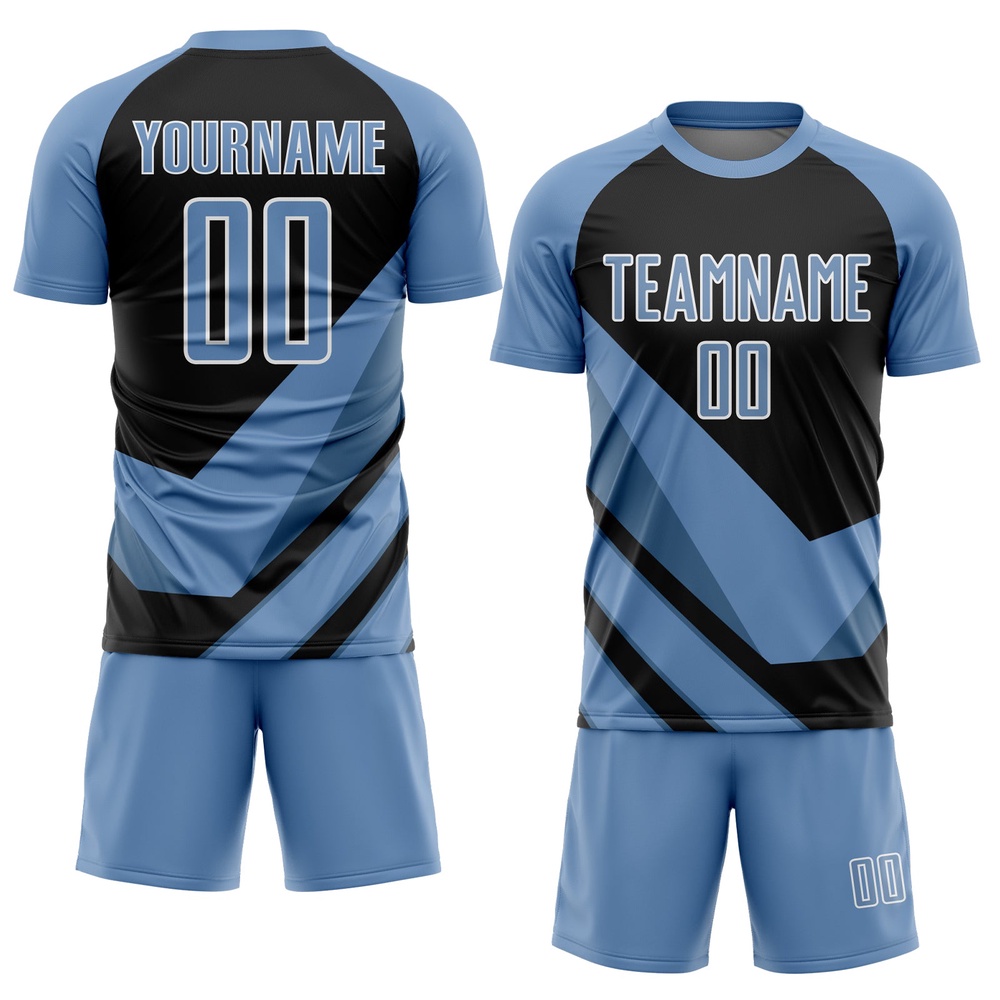 Light Blue Black White Arrow Shapes Sublimation Soccer Uniform Jersey, Custom Team Soccer Jersey Shirt Light Blue Black White Arrow Shapes Sublimation Soccer Uniform Jersey, Custom Team Soccer Jersey Shirt
