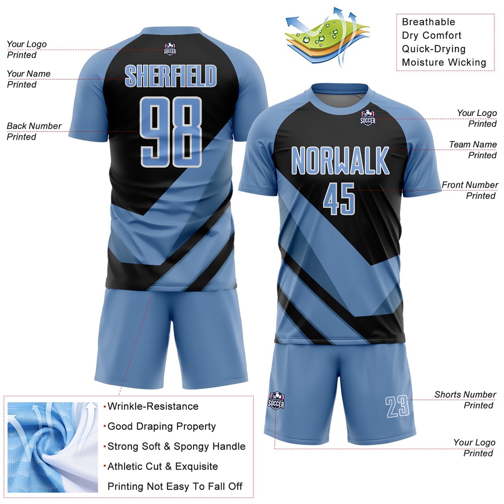 Light Blue Black White Arrow Shapes Sublimation Soccer Uniform Jersey, Custom Team Soccer Jersey Shirt Light Blue Black White Arrow Shapes Sublimation Soccer Uniform Jersey, Custom Team Soccer Jersey Shirt
