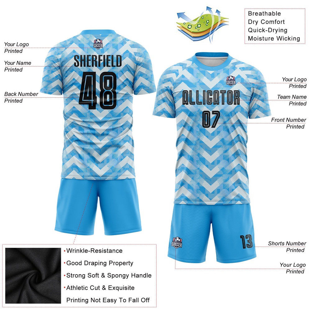 Light Blue Black White Home Sublimation Soccer Uniform Jersey, Custom Team Soccer Jersey Shirt