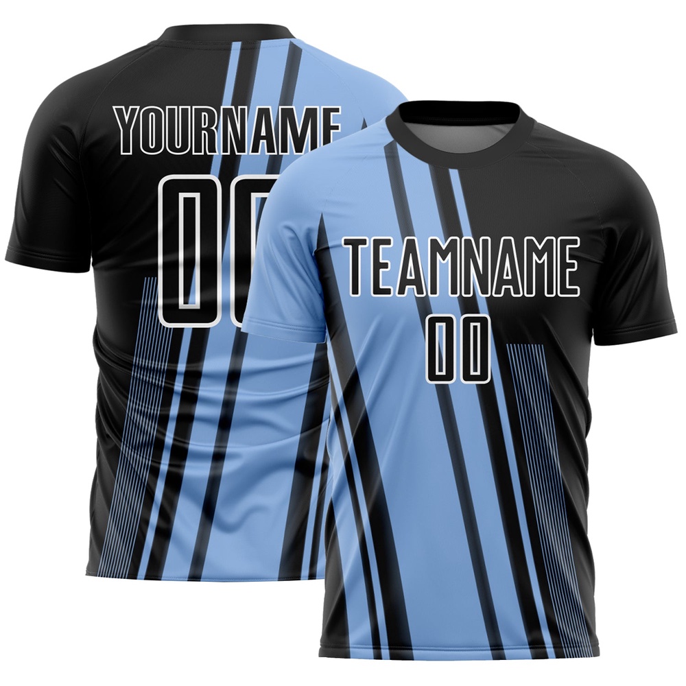 Light Blue Black White Lines Sublimation Soccer Uniform Jersey, Custom Team Soccer Jersey Shirt Light Blue Black White Lines Sublimation Soccer Uniform Jersey, Custom Team Soccer Jersey Shirt