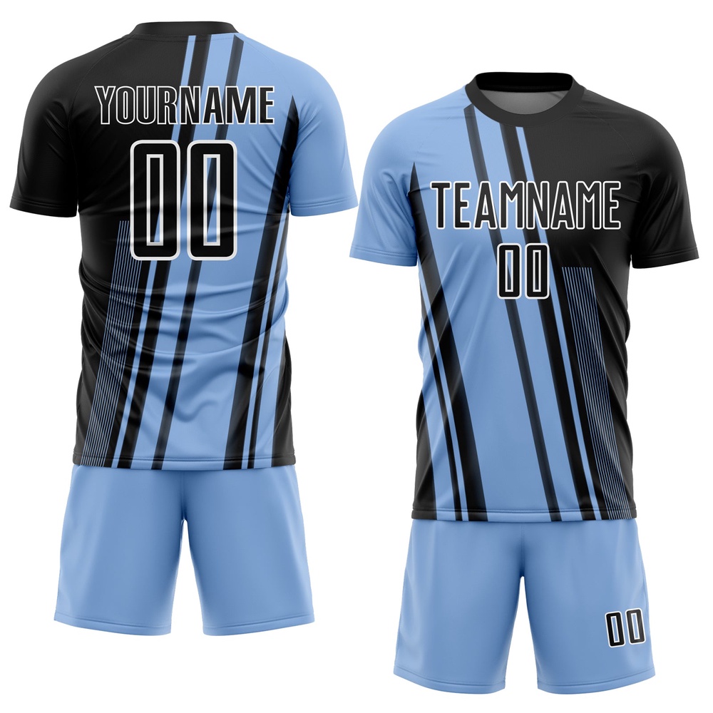 Light Blue Black White Lines Sublimation Soccer Uniform Jersey, Custom Team Soccer Jersey Shirt Light Blue Black White Lines Sublimation Soccer Uniform Jersey, Custom Team Soccer Jersey Shirt