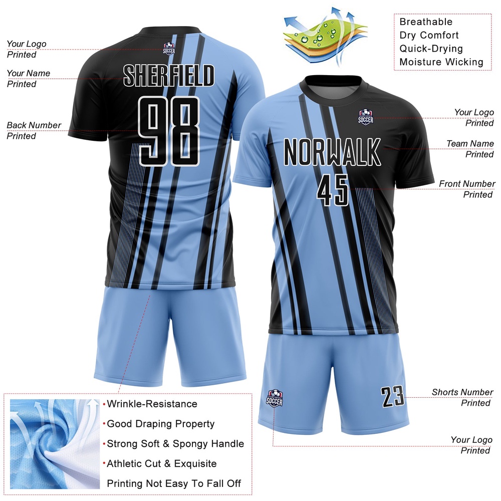 Light Blue Black White Lines Sublimation Soccer Uniform Jersey, Custom Team Soccer Jersey Shirt Light Blue Black White Lines Sublimation Soccer Uniform Jersey, Custom Team Soccer Jersey Shirt