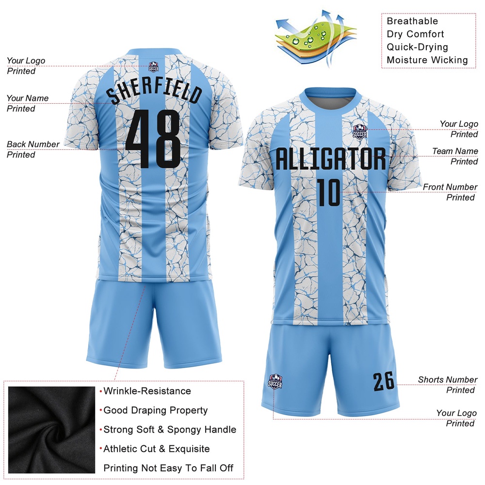 Light Blue Black White Sublimation Soccer Uniform Jersey, Custom Team Soccer Jersey Shirt Light Blue Black White Sublimation Soccer Uniform Jersey, Custom Team Soccer Jersey Shirt