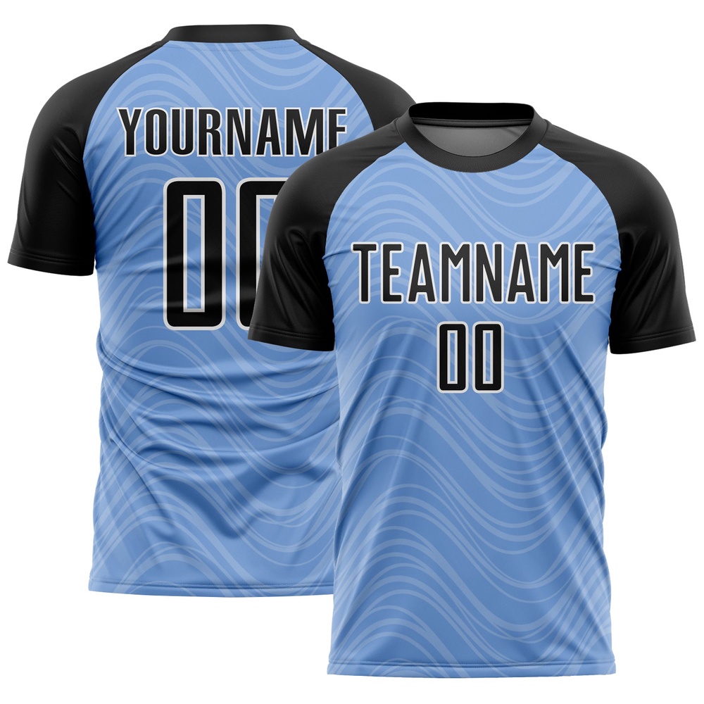 Light Blue Black White Wavy Lines Sublimation Soccer Uniform Jersey, Custom Team Soccer Jersey Shirt Light Blue Black White Wavy Lines Sublimation Soccer Uniform Jersey, Custom Team Soccer Jersey Shirt