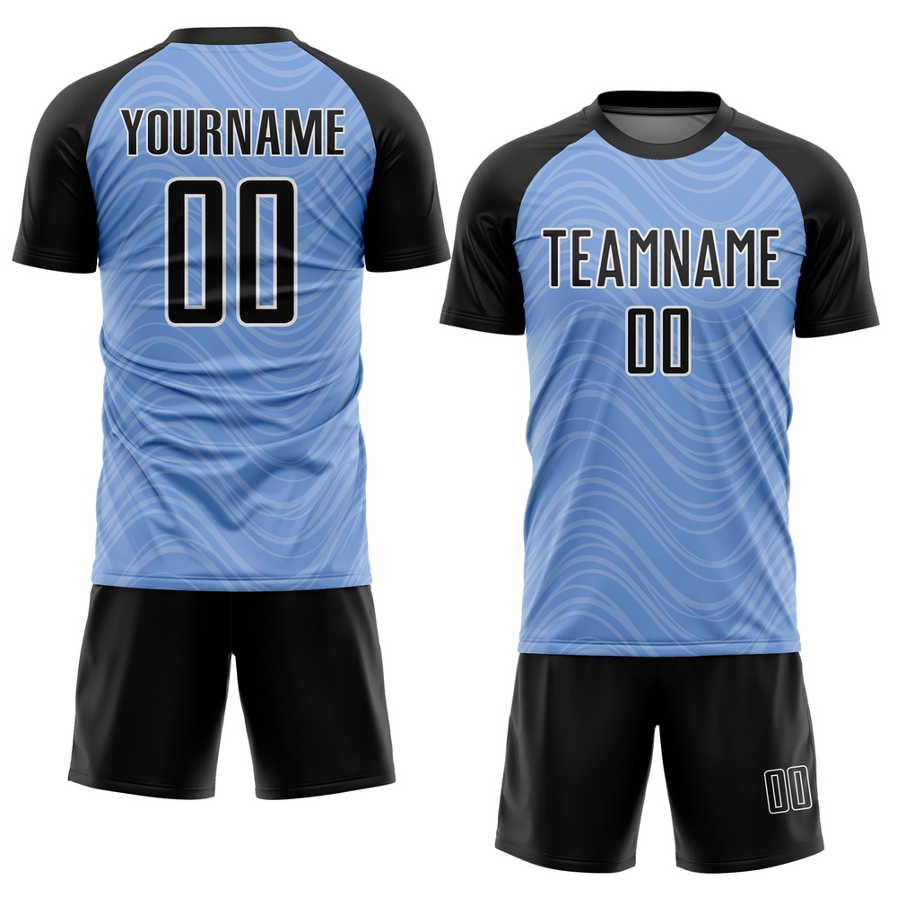 Light Blue Black White Wavy Lines Sublimation Soccer Uniform Jersey, Custom Team Soccer Jersey Shirt Light Blue Black White Wavy Lines Sublimation Soccer Uniform Jersey, Custom Team Soccer Jersey Shirt