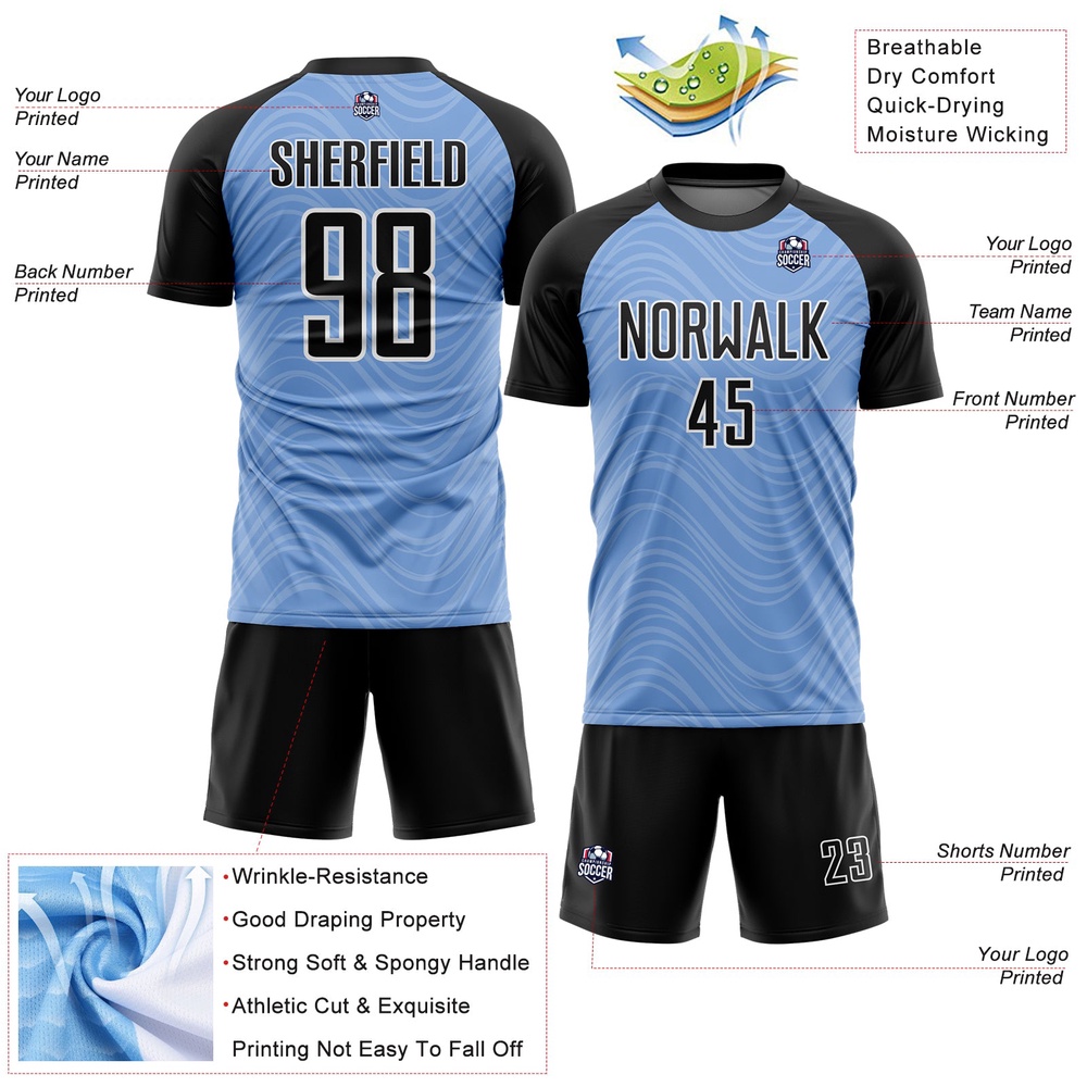 Light Blue Black White Wavy Lines Sublimation Soccer Uniform Jersey, Custom Team Soccer Jersey Shirt Light Blue Black White Wavy Lines Sublimation Soccer Uniform Jersey, Custom Team Soccer Jersey Shirt