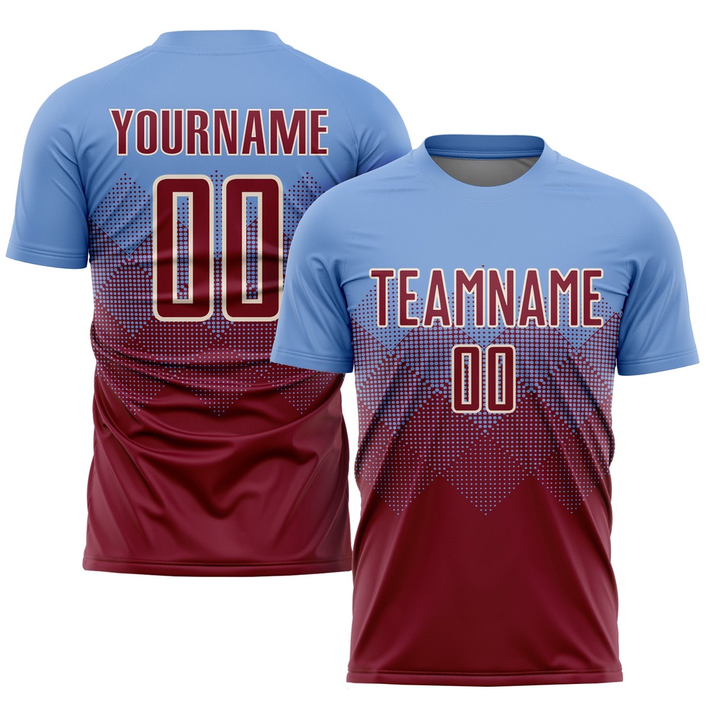 Light Blue Crimson Cream Sublimation Soccer Uniform Jersey, Custom Team Soccer Jersey Shirt Light Blue Crimson Cream Sublimation Soccer Uniform Jersey, Custom Team Soccer Jersey Shirt