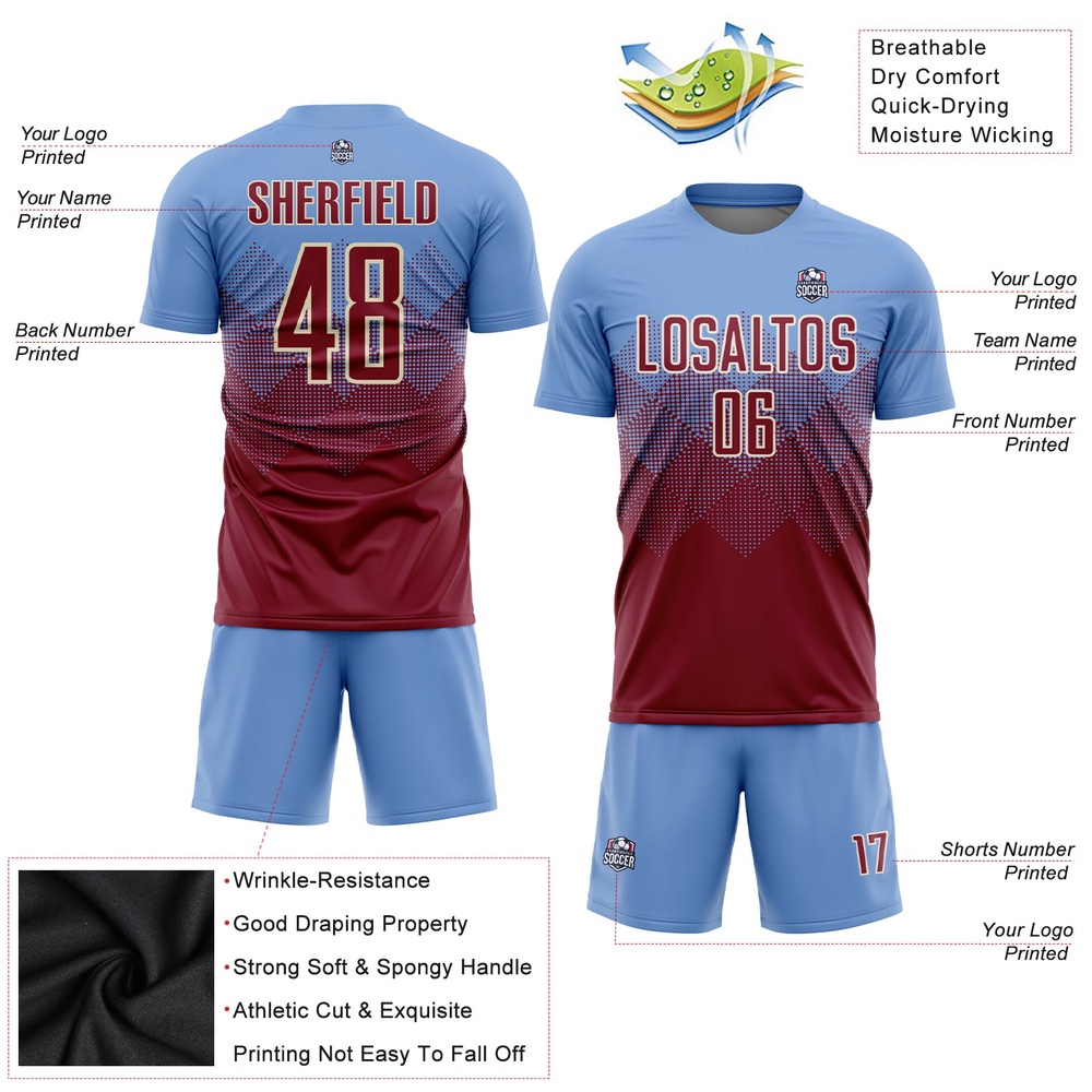 Light Blue Crimson Cream Sublimation Soccer Uniform Jersey, Custom Team Soccer Jersey Shirt Light Blue Crimson Cream Sublimation Soccer Uniform Jersey, Custom Team Soccer Jersey Shirt