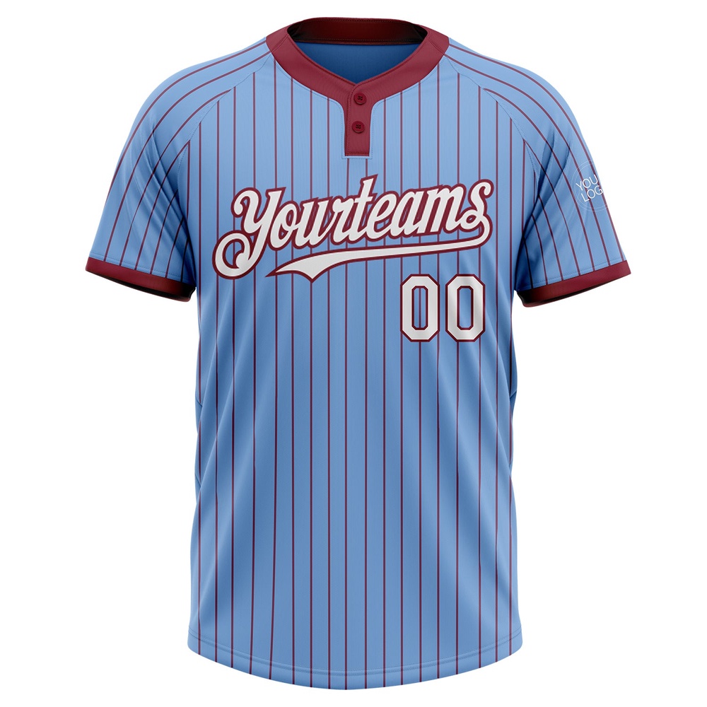 Light Blue Crimson Pinstripe White Two Button Unisex Softball Jersey, Custom Team Softball Jersey Light Blue Crimson Pinstripe White Two Button Unisex Softball Jersey, Custom Team Softball Jersey