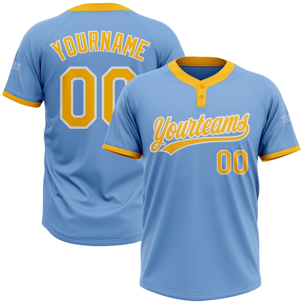 Light Blue Gold White Two Button Unisex Softball Jersey, Custom Team Softball Jersey Light Blue Gold White Two Button Unisex Softball Jersey, Custom Team Softball Jersey
