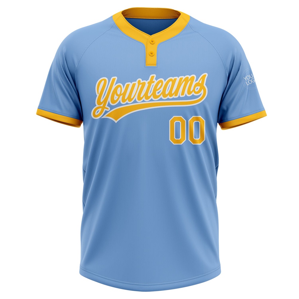 Light Blue Gold White Two Button Unisex Softball Jersey, Custom Team Softball Jersey Light Blue Gold White Two Button Unisex Softball Jersey, Custom Team Softball Jersey