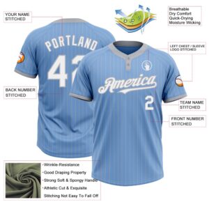Light Blue Gray Pinstripe White Two Button Unisex Softball Jersey Custom Team Softball Jersey 3 slbwh1.jpg