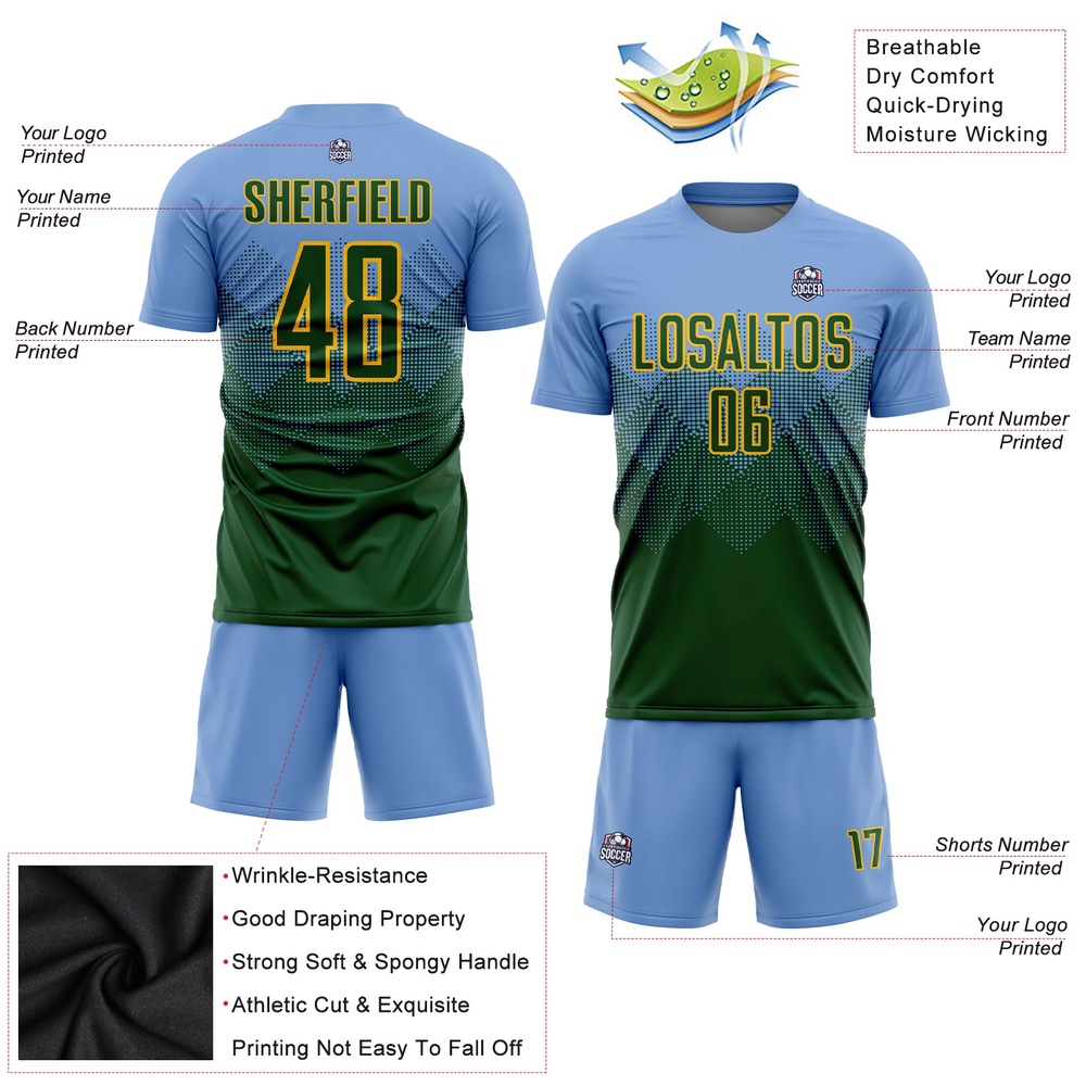 Light Blue Green Gold Sublimation Soccer Uniform Jersey, Custom Team Soccer Jersey Shirt