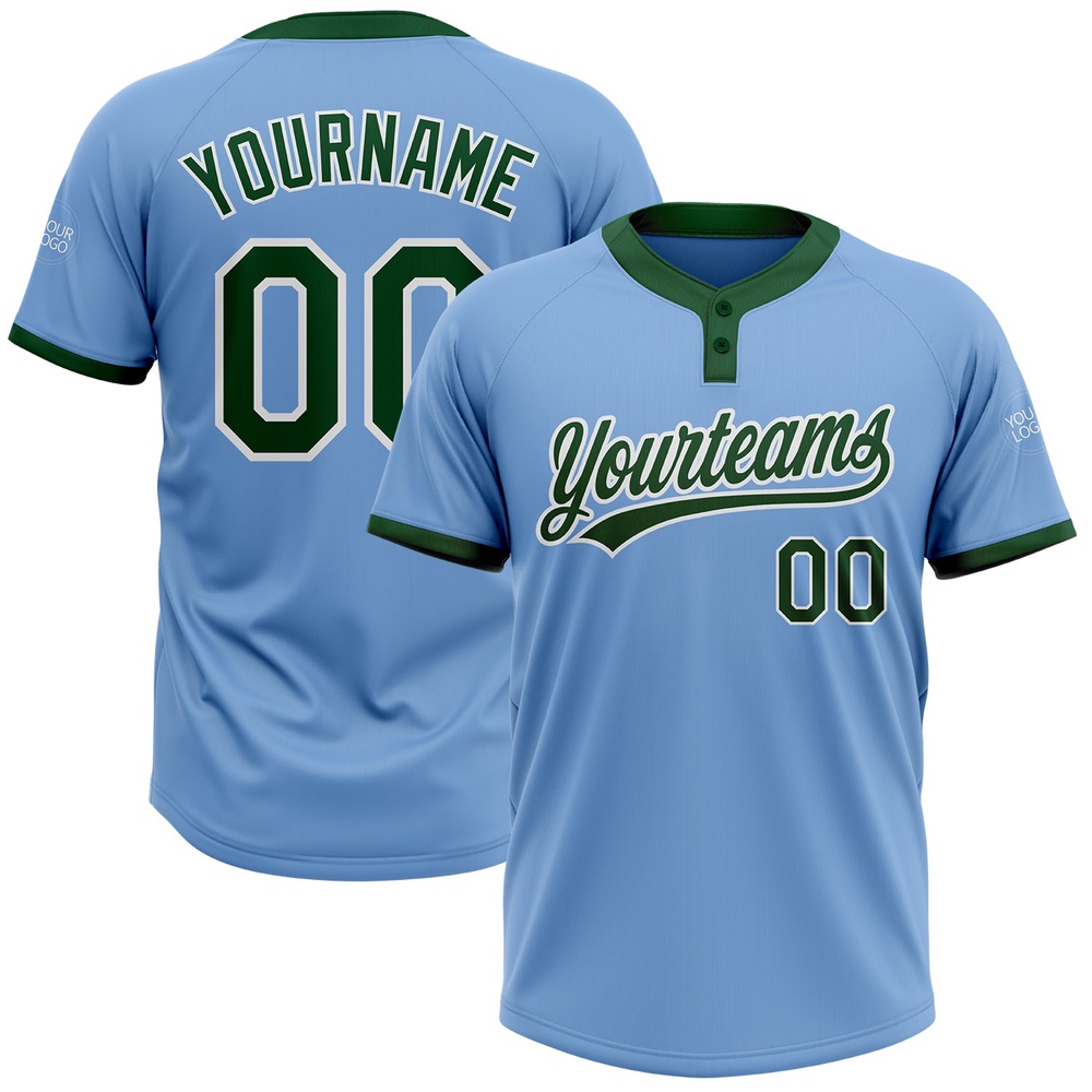 Light Blue Green White Two Button Unisex Softball Jersey, Custom Team Softball Jersey