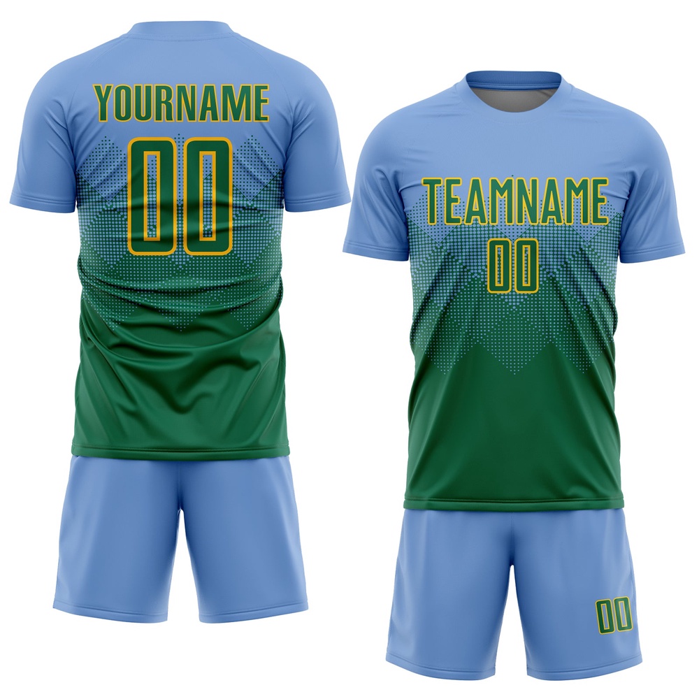 Light Blue Kelly Green Gold Sublimation Soccer Uniform Jersey, Custom Team Soccer Jersey Shirt Light Blue Kelly Green Gold Sublimation Soccer Uniform Jersey, Custom Team Soccer Jersey Shirt