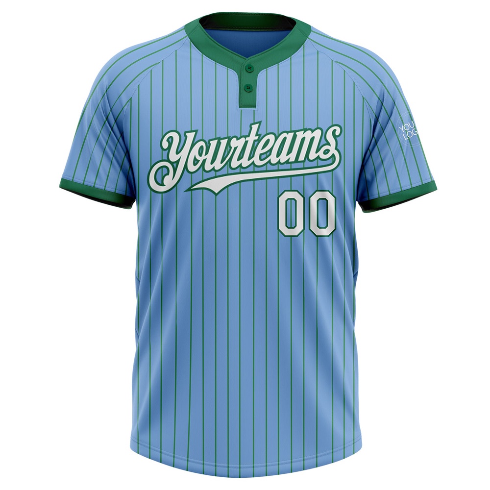 Light Blue Kelly Green Pinstripe White Two Button Unisex Softball Jersey, Custom Team Softball Jersey Light Blue Kelly Green Pinstripe White Two Button Unisex Softball Jersey, Custom Team Softball Jersey