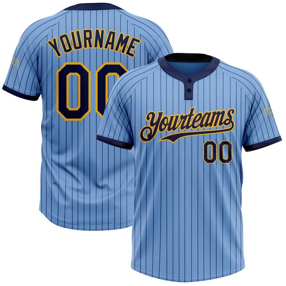 Light Blue Navy Pinstripe Gold Two Button Unisex Softball Jersey, Custom Team Softball Jersey