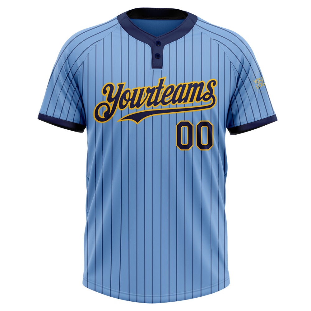 Light Blue Navy Pinstripe Gold Two Button Unisex Softball Jersey, Custom Team Softball Jersey