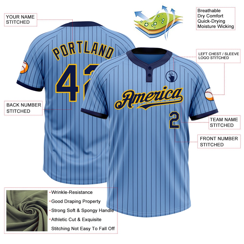 Light Blue Navy Pinstripe Gold Two Button Unisex Softball Jersey, Custom Team Softball Jersey