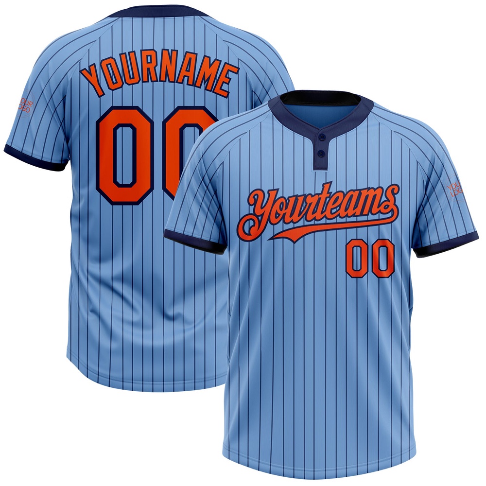 Light Blue Navy Pinstripe Orange Two Button Unisex Softball Jersey, Custom Team Softball Jersey Light Blue Navy Pinstripe Orange Two Button Unisex Softball Jersey, Custom Team Softball Jersey